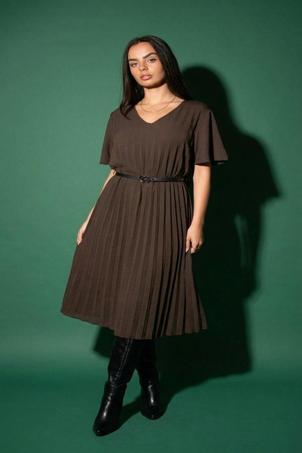 Elidi Short Sleeve Pleated Midi Dress With Waist Belt - Choc Brown