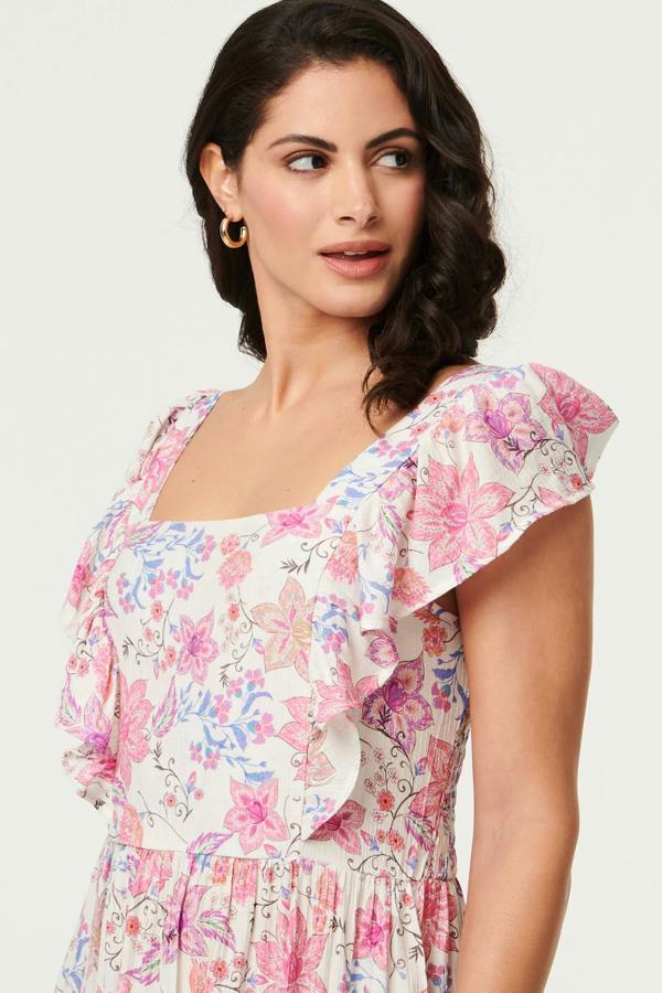 Pink | Floral Ruffled Cap Sleeve Maxi Dress