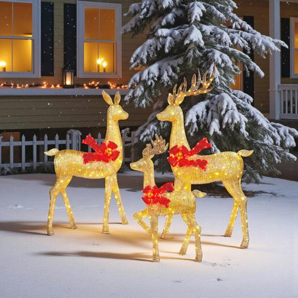 Garden Greatness Set Of 3 LED Bow Christmas Deer Family