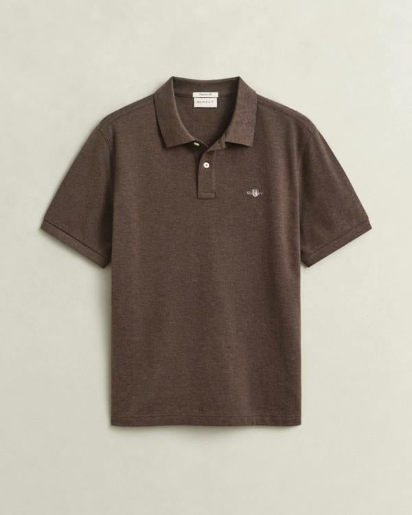GANT Mens Regular Fit Short Sleeve Shield Logo Pique Polo - 284 Black Brown Melange | CHO | Designer Mens Short Sleeve Polo Shirts