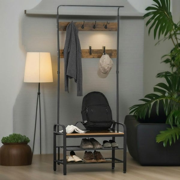 Rafaelo Mobilia Industrial Coat Rack Stand With 2 Shelves & 8 Hooks