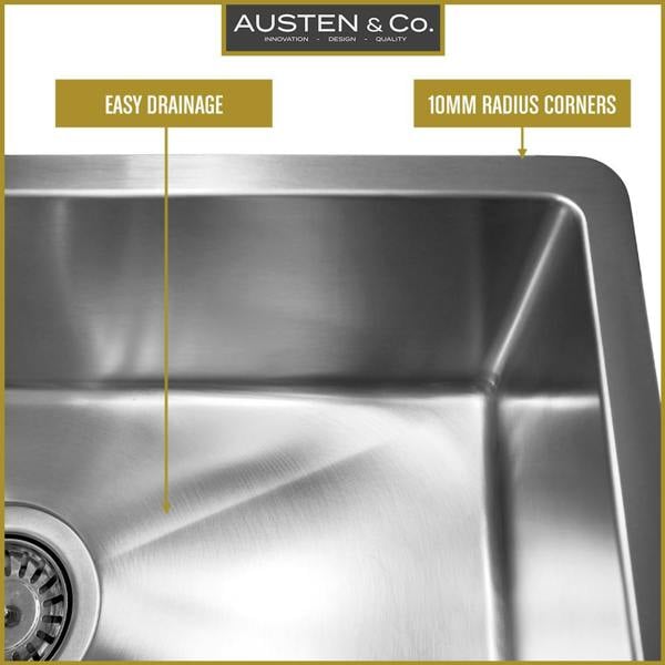 Austen & Co. Como Stainless Steel Extra Large Inset & Undermount 1.5 Bowl Kitchen Sink - Right Hand Main Bowl