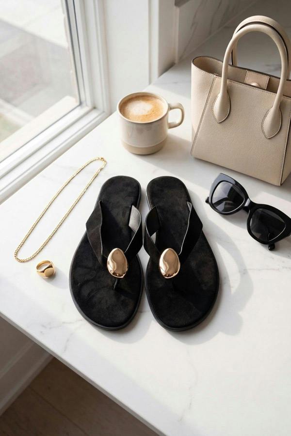 Thea Womens Gold Trim Thong Flat Sandals - Black