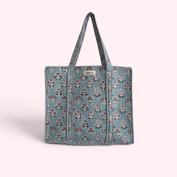 Hayley & Co Blue and Pink Ditsy Floral Quilted Cotton Tote Bag