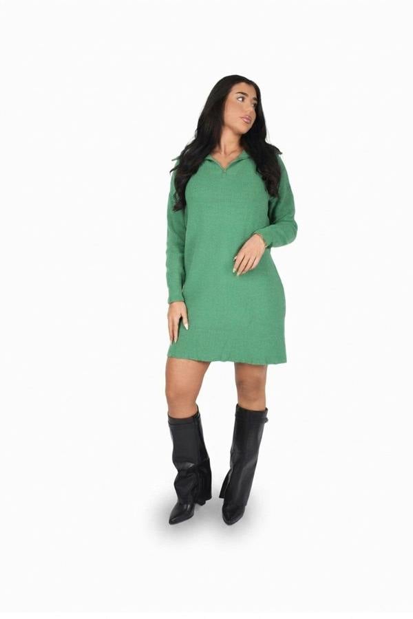 Danika Ribbed Knit Mini Dress With Zip Collar - Green_wb