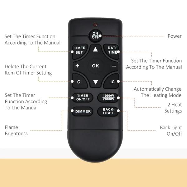 Black remote control for LED electric fireplace with buttons for timer, dimmer, power and backlight