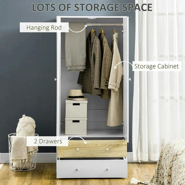 White wardrobe cabinet with hanging rod and open storage plus two drawers