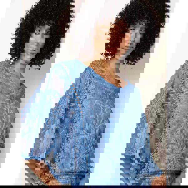 Blue Vanilla Floral Lace Butterfly Sleeve Blouse