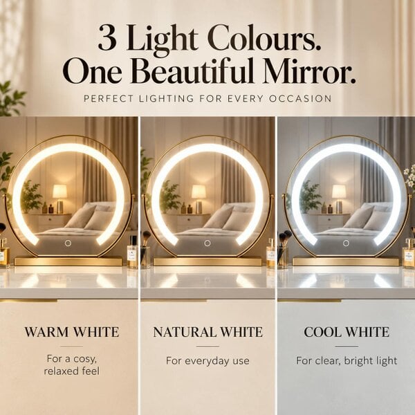 Downton Interiors Gold Round Dressing Table Vanity Mirror with LED Light Touch Control 45cm
