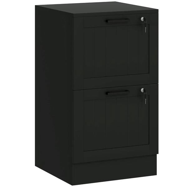Black two-drawer filing cabinet with locks and metal drawer handles