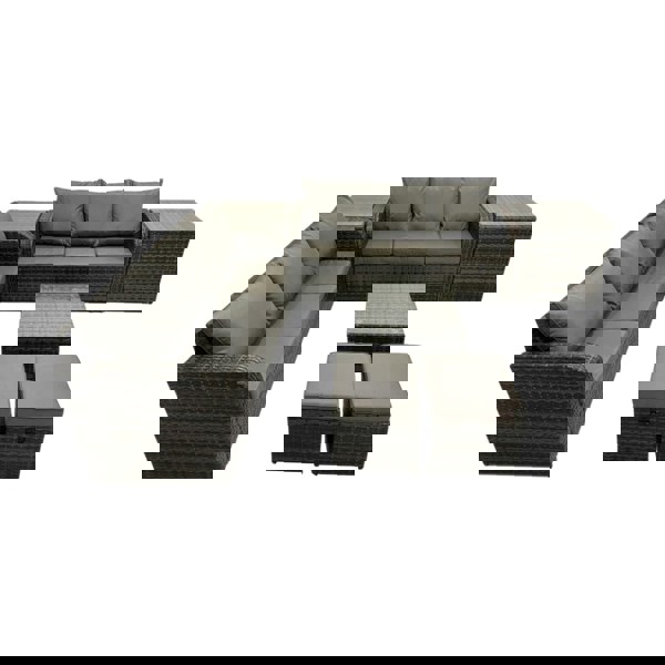 Fimous Rattan Garden Outdoor Furniture Set 3 Seater Sofa Square Coffee Table Set with 2 Side Tables 2 Small Stools Dark Grey Mixed