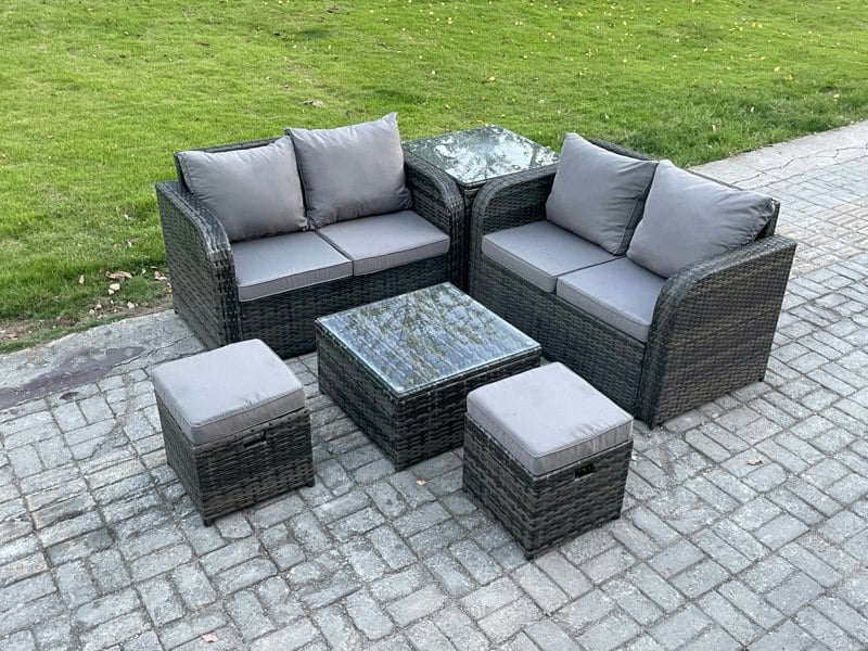 Fimous Rattan Sofa Set Outdoor Garden Furniture Set with Square Coffee Table Loveseat Sofa 2 Small Footstool Side Table Dark Grey Mixed