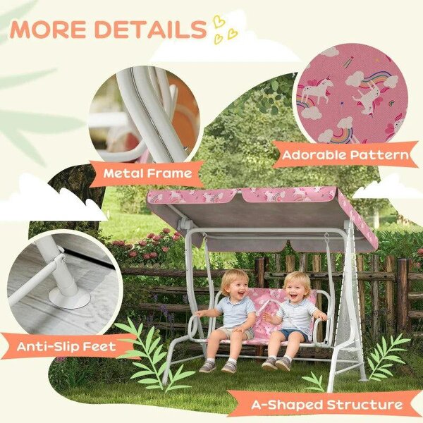 Kids Porch Swing, 2-Seater Patio Swing Bench Hammock with Seat Belts, Adjustable Canopy for Garden, Pink
