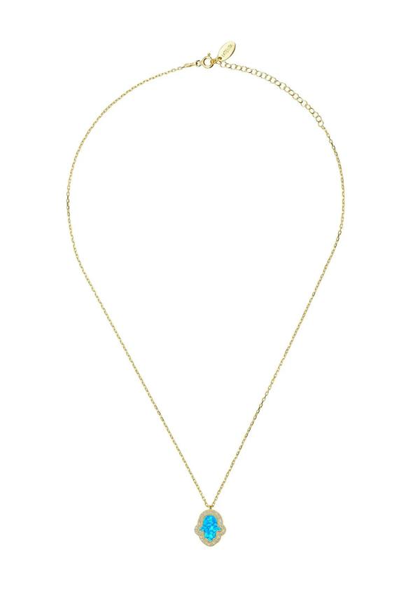 Blue opal hamsa hand gold necklace.