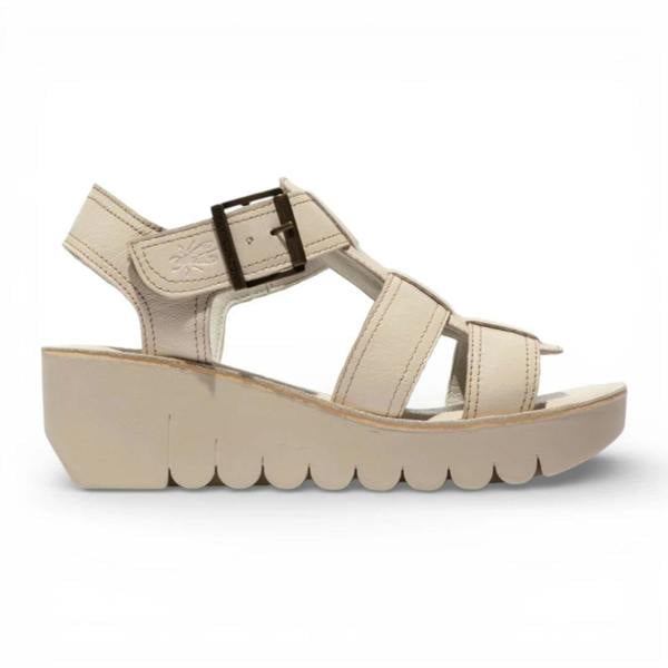 Fly London YUDD236FLY - Women’s Off White Leather Wedge Sandals