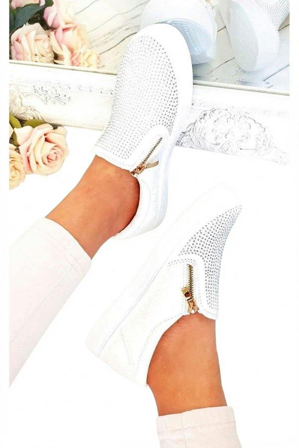 Leah Crystal Suede Zip Pumps Trainers - White_wb