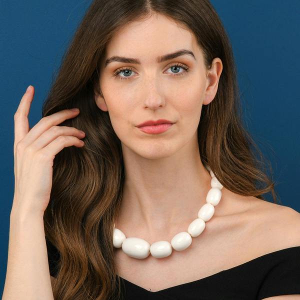 Zavana 20 inch Long White Oval Beads Statement Necklace for Women