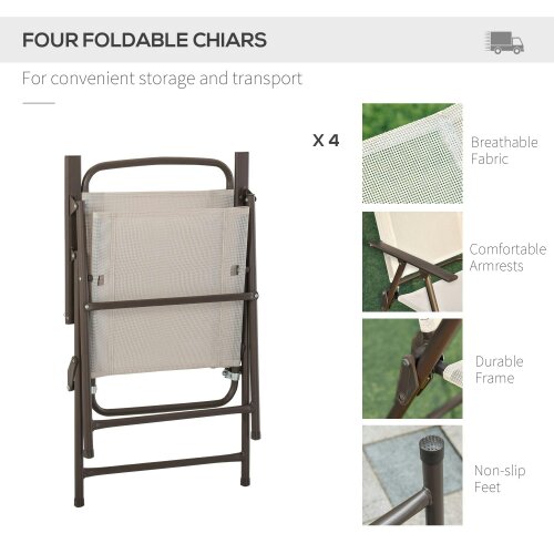 Wyld Haus Jattare 4 Seater Metal and Mesh Cream Garden Dining Set With Parasol Folding Chairs And Glass Table