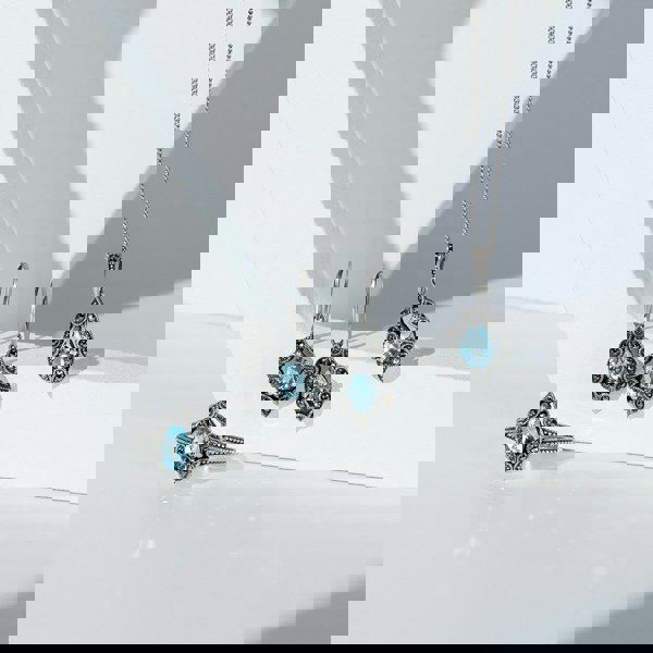 Gemondo Art Deco Style Pear Blue Topaz & Marcasite Pendant Necklace in Sterling Silver