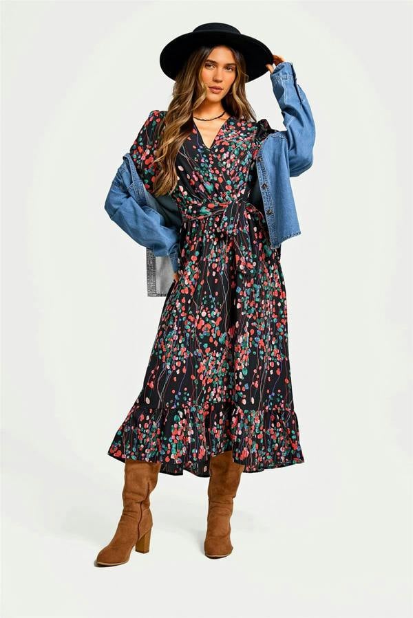 FS Collection Abstract Floral Print Long Sleeve V Neck Wrap Top Midi Dress In Black