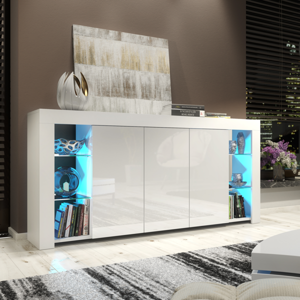 Mex Furniture Exclusive 164cm High Gloss White Sideboard TV Cabinet & Free LED Lights Modern Design