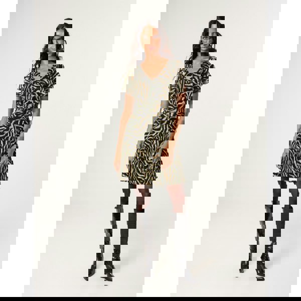 Blue Vanilla Animal Print Frill V Neck Mini Mesh Dress