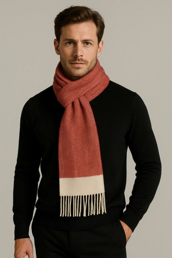 The Cotton London Red & White Herringbone lambswool Fringe Scarf