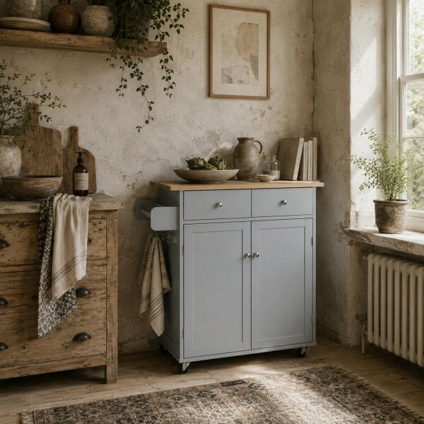 Wyld Haus Mobani Natural Top Grey Wood Rolling Kitchen Island With Drawers Towel Rack And Hooks