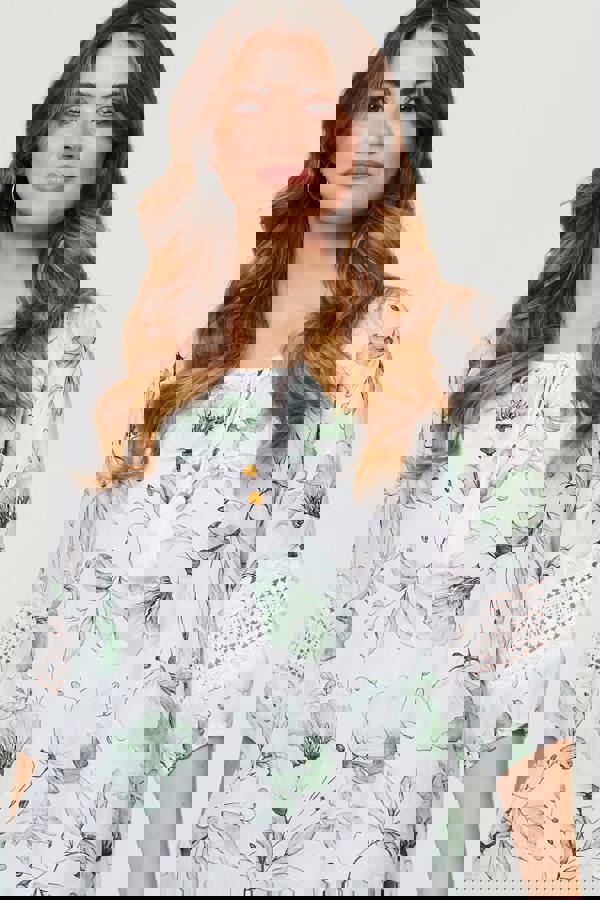 Green | Floral Lace Tie Front Relaxed Blouse