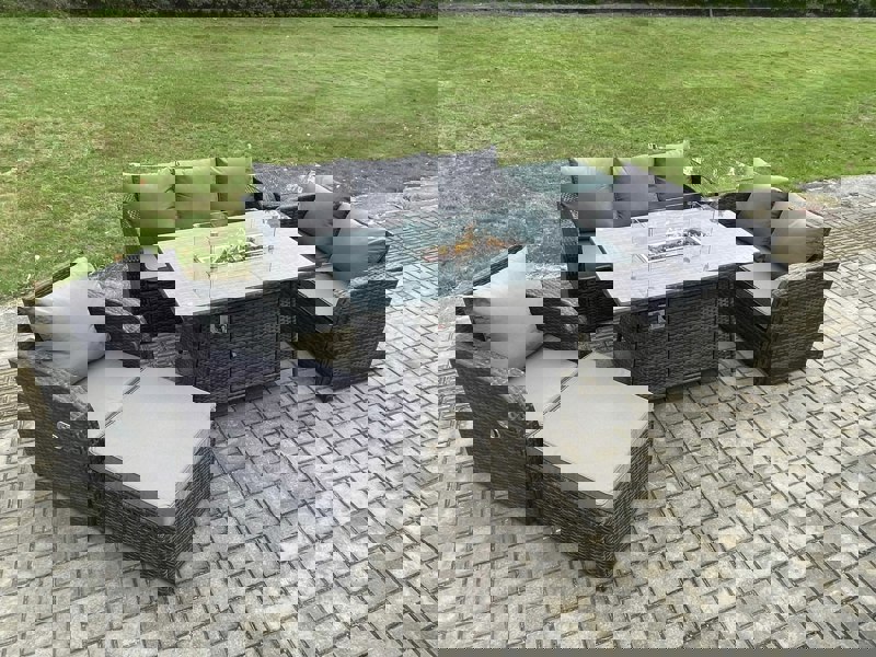 Fimous Garden Patio Furniture Wicker Rattan Gas Fire Pit Table and Sofa Chair set with Side Table Big Footstool