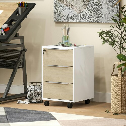 HOMCOM Modern 3-Drawer Locking File Cabinet Mobile Filing Cabinet Oak White
