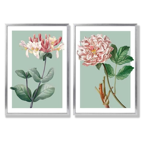 Sage Green Geometric Pineapple Fruit Set of 2 Art Prints with Silver Frame