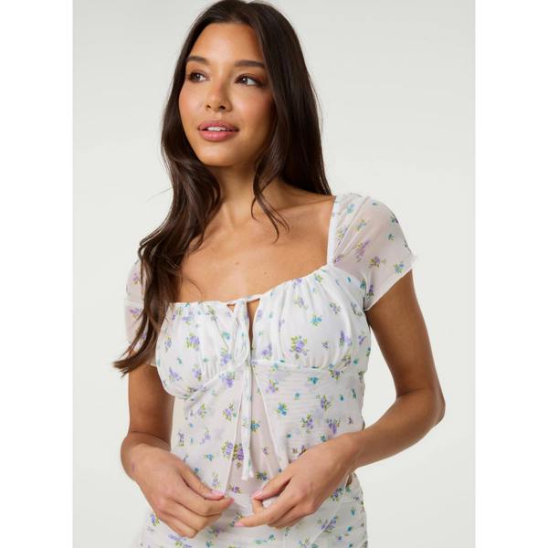 Pink Vanilla Ditsy Dot Mesh Cap Sleeve Butterfly Hem Top