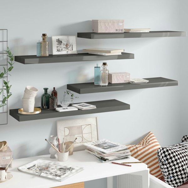 Berkfield Floating Wall Shelves 4 pcs High Gloss Grey 90x23.5x3.8 cm MDF