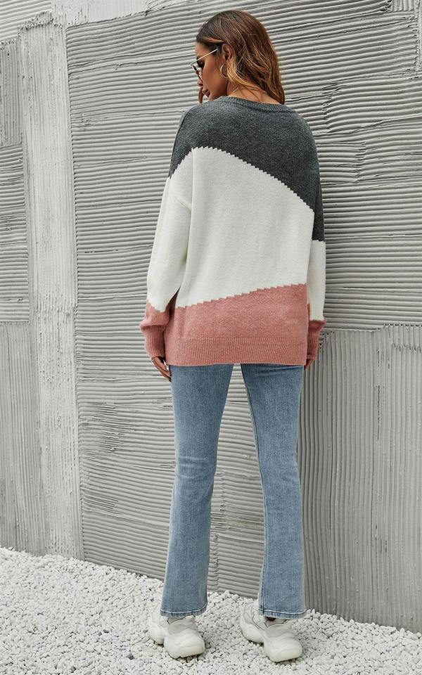 FS Collection Grey & Pink Block Colour Jumper Top In White