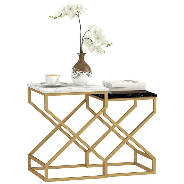 Set of two marble-effect nesting tables with white and black tops and gold metal frame