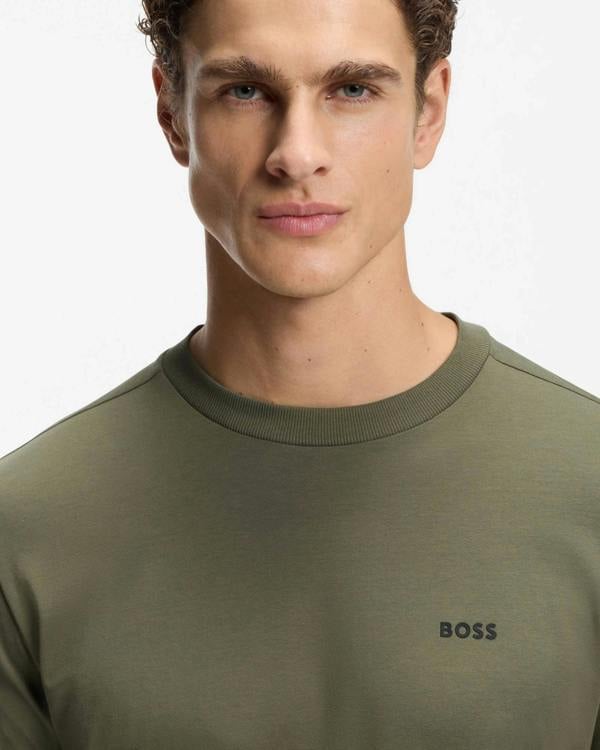 BOSS Green Tee Mens Stretch Cotton T - Shirt with Contrast Logo - Olive 257 | CHO | Designer Mens Logo T - Shirts