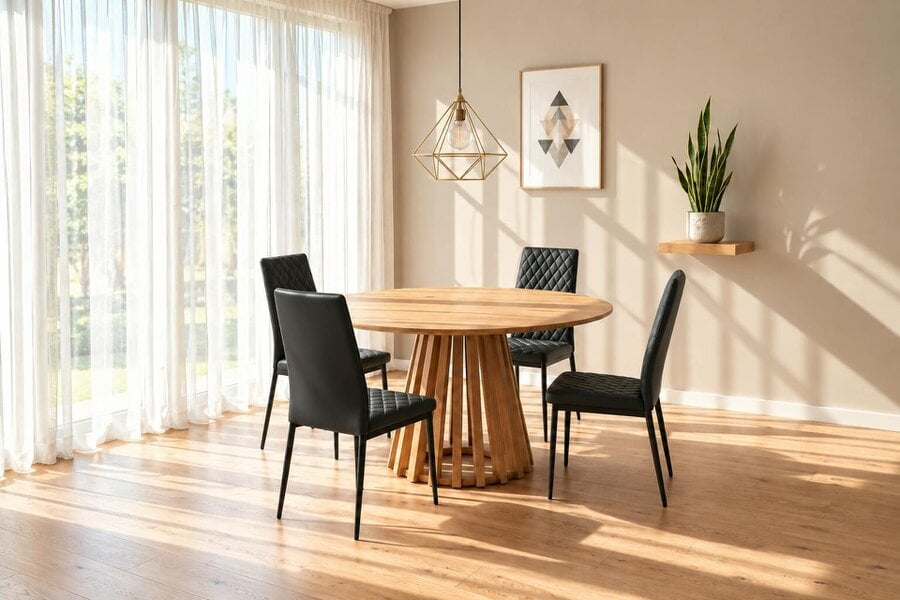 Outdoor Living Kayci Round Oak Dining Table with 4 Emily Chairs - Black