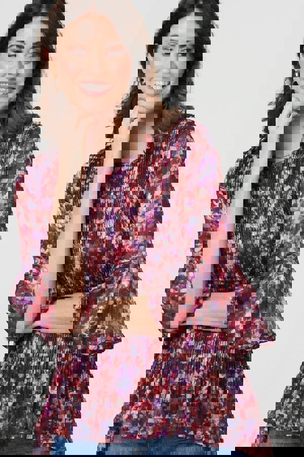 Red | Printed Pleated 3/4 Sleeve Blouse
