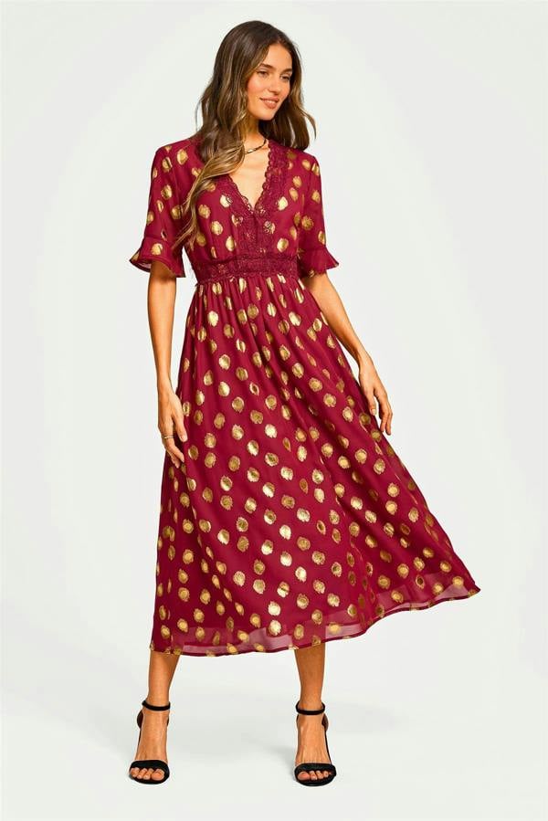 FS Collection Gold Foil Long Sleeve Lace Trim V Neck Maxi Dress In Wine