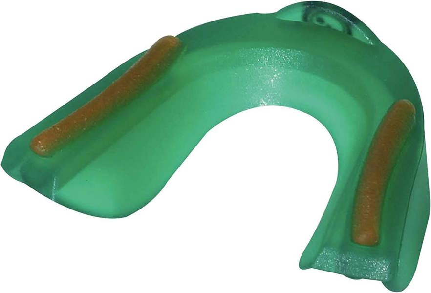 Green translucent Optimum Matrix mouthguard, angled close-up with orange gel channels, on white - Optimum