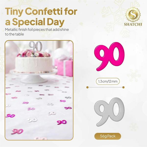 Pink and Silver 90th Birthday Foil Confetti Decoration Set, Metallic Finish for Tables and Displays image 1