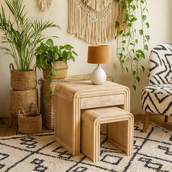 Wyld Haus Set of 2 Arizona Carved Mango Wood Nesting Tables with Drawer