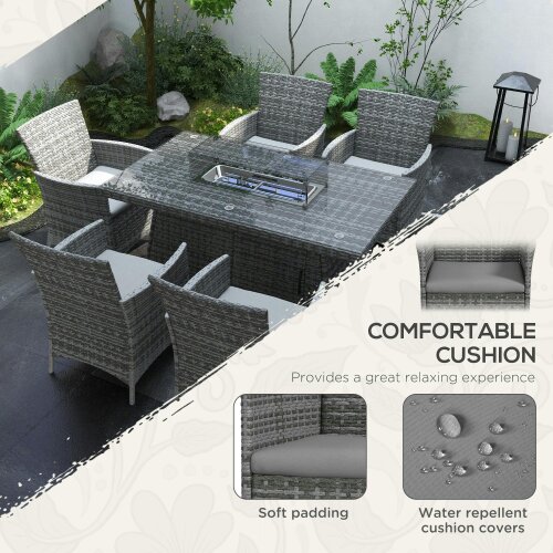 Wyld Haus Ravezi Rattan Grey 6 Seater Garden Dining Set With Fire Pit Table Glass