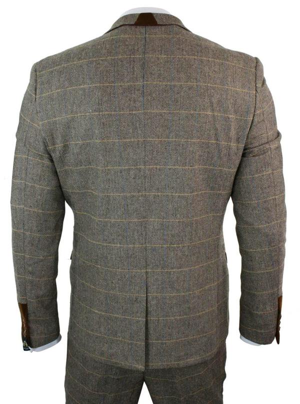 Marc Darcy Mens 3 Piece Tan Herringbone Tweed Check Suit