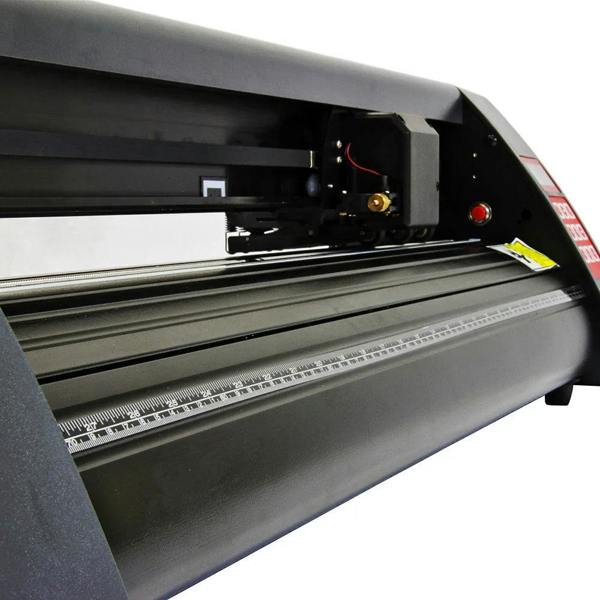 38cm clam press with a sleek black finish, featuring a vinyl cutter and Epson printer, showcasing precision cutting tools and a measurement ruler