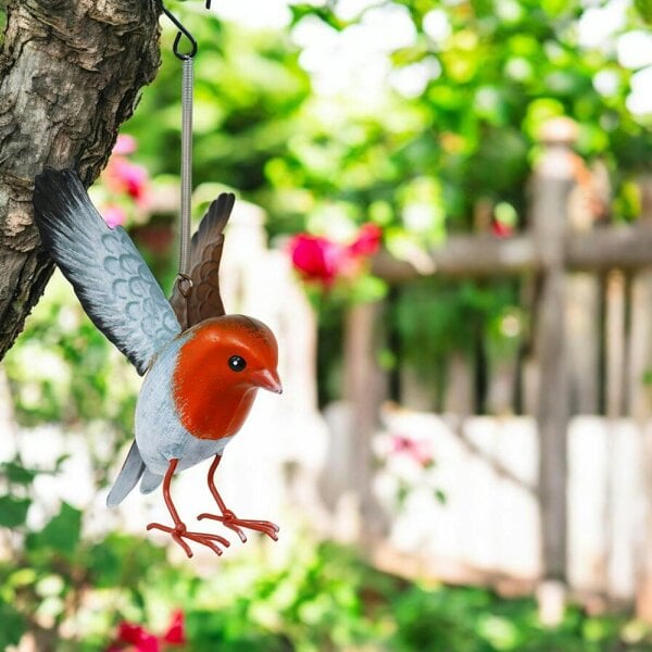 EDH Door Hardware Small Metal Hanging Robin (14cm x 10cm x 10cm) – Handcrafted Weather-Resistant Bird Ornament – Decorative Hanging Robin