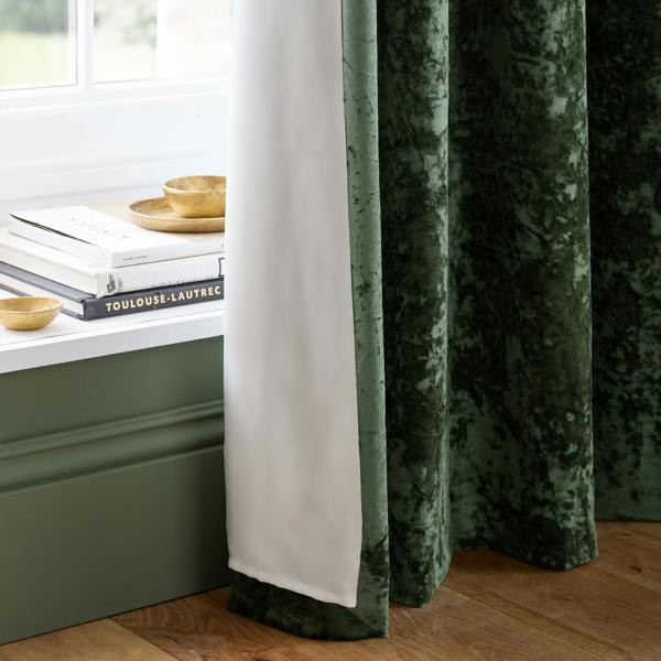 Catherine Lansfield Crushed Velvet Lined Eyelet Curtains Olive Green