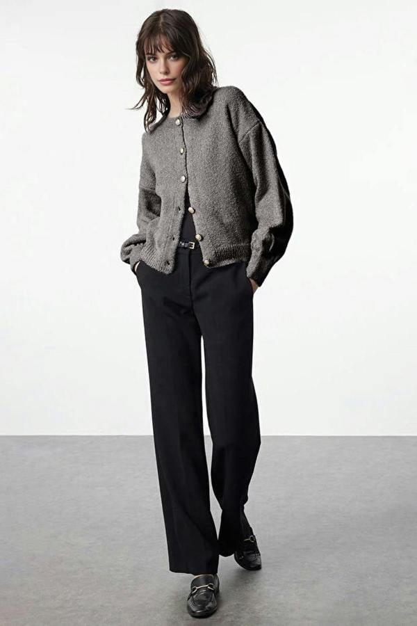 WOVCOR Soft-Textured Knit Cardigan with Button Detail and Balloon Sleeves