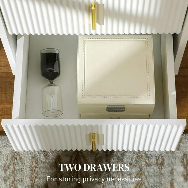 Two-drawer chest top compartment with ribbed drawer face and gold-tone bar handle; open view